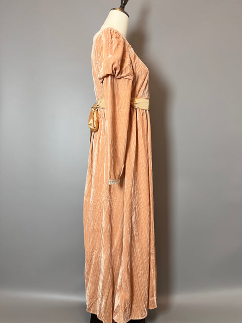 Pink Regency Era Dress with Satin Belt - Long Sleeves Velvet Dress with Lace - Regency Dress Plus Size